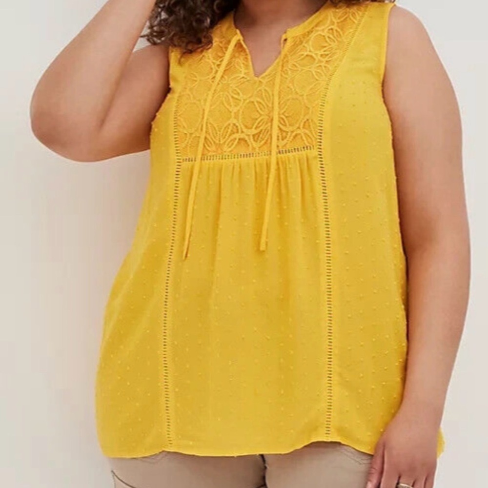 Torrid Sunflower Yellow Swiss Dot Lace Inset Sleeveless Blouse Size 1X